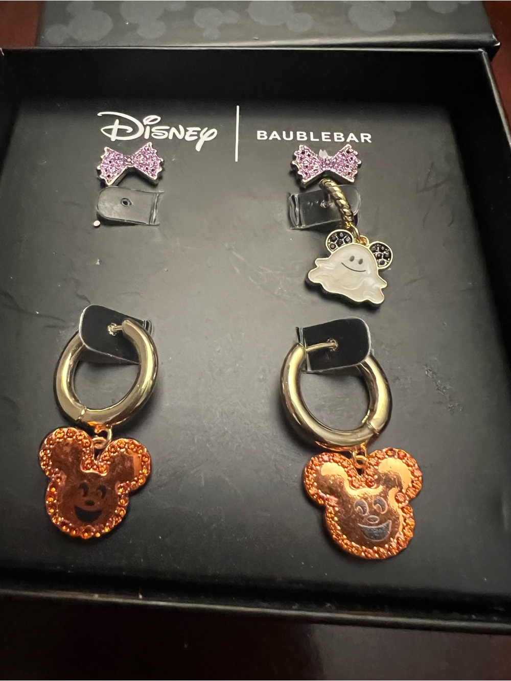 BaubleBar Kids Orange Mickey Hoop Earrings with Purple Bow Studs